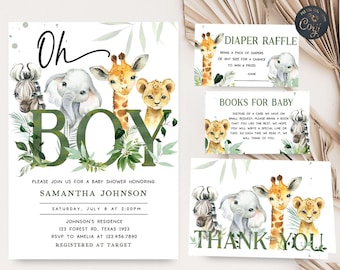 May include: Baby shower invitation set with a safari theme. The invitation features a zebra, elephant, giraffe, and lion with the word "BOY" in large letters. Additional cards include a diaper raffle, books for baby, and thank you cards.