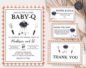 Editable BBQ Baby Shower Invitation Set, Backyard Baby Shower Invite Pack, Coed Baby-Q Baby Shower Gender, Neutral BBQ Invites Bundle 0278
