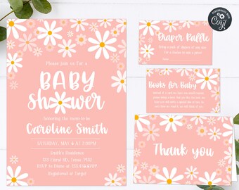 Editable Daisy Baby Shower Invitation Set Bohemian Baby Shower Invite Pack Retro Daisy Invitation Groovy Party Boho Printable Template 0230