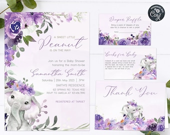 Bearbeitbarer Lila Elefant-Babyparty-Einladungs-Set Lavendel-Blumen-Babyparty-Einladungs-Pack-Mädchen-Elefant-Einladungs-druckbare Vorlage 0228