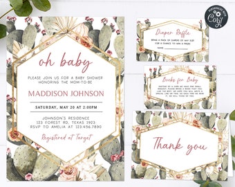 Editable Oh Baby Cactus Baby Shower Invitation Set Boho Baby Shower Invite Pack Desert Invitation Succulent Invite Printable Template 0237