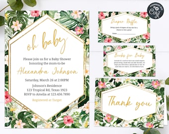Puede incluir: Una invitación de baby shower con temática tropical con detalles dorados y un patrón floral. La invitación dice "Oh baby" e incluye el nombre Alexandra Johnson. La invitación también incluye la fecha, la hora y la ubicación de la ducha.