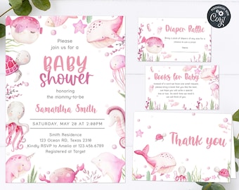 May include: Pink and white baby shower invitation with a watercolor illustration of sea creatures, including a whale, jellyfish, octopus, and seahorse. The invitation includes the text "Baby Shower" and the name "Samantha Smith".