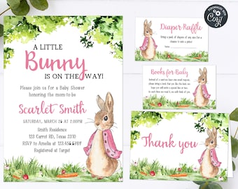 Editable Pink Peter Rabbit Baby Shower Invitation Set Girl Rustic Bunny Baby Shower Invite Pack Spring Garden Party Printable Template 0241