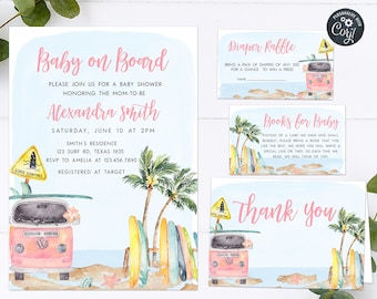 Editable Baby on Board Baby Shower Invitation Set, Girl Beach Baby Shower Invite Pack, Surf Baby Invitation, Summer Printable Template 0272