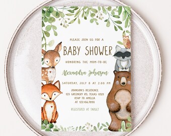 Editable Woodland Baby Shower Invitation, Greenery Woodland Animals Baby Shower Invite, Forest Animals Invitation Gender Neutral Invite 0400