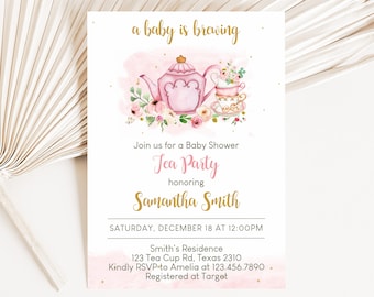 Editable Tea Party Invitation, Floral Pink Gold Tea Party Baby Shower Invitation, Girl Baby Shower Blush Brunch Bubbly Invite Printable 0146