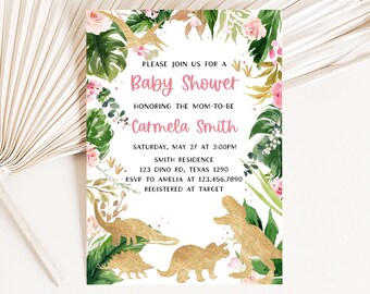 May include: A baby shower invitation with a pink and green tropical theme. The invitation features gold dinosaurs, pink flowers, and green leaves. The text on the invitation reads "Please join us for a Baby Shower honoring the mom-to-be Carmela Smith. Saturday, May 27 at 2:00pm. Smith Residence 123 Dino Rd, Texas 1290. RSVP to Amelia at 123.456.7890. Registered at Target."