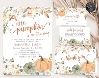 Ensemble d'invitations modifiable pour baby shower, petite citrouille, pack d'invitations automne baby shower, citrouille d'automne rustique, modèle imprimable neutre 0213