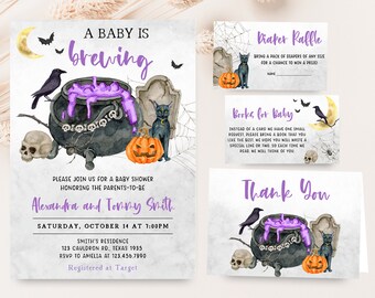 Editable Un bebé está preparando paquete de invitación de baby shower de Halloween, conjunto de invitación de baby shower de Halloween de género neutro, paquete de invitación de bruja 0441