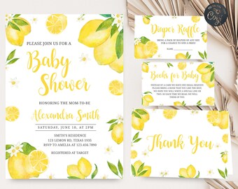 May include: A lemon-themed baby shower invitation featuring watercolour illustrations of lemons and flowers. The invitation includes the name Alexandra Smith, the date and time of the shower, and the address. It also includes details about the registry and RSVP.