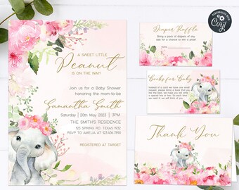 Op de afbeelding: Een roze en groene babyborrel uitnodiging met een schattige olifant illustratie en bloemmotieven. De uitnodiging luidt "A Sweet Little Peanut is on the way!" en bevat de naam Samantha Smith, de datum en tijd van de borrel, en de locatie. Het bevat ook een luiers loterij en boeken voor baby kaarten.