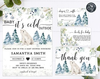 Editable Polar Bear Baby Shower Invitation Set Greenery Winter Bear Baby Shower Invite Pack Baby Bear Gender Neutral Printable Template 0219