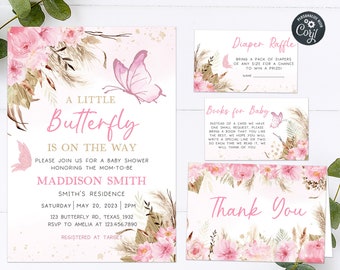 Editable Boho Butterfly Baby Shower Invitation Set, Pink Butterfly Shower Invite Pack, Bohemian Baby Butterflies Printable Template 0234