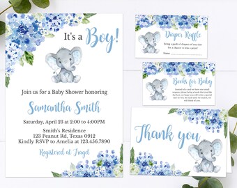 Editable Elephant Baby Shower Invitation Set, Blue Elephant Baby Shower Invite, It's a Boy Elephant Baby Invitation Printable Template 0174