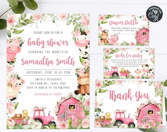 Editable Farm Baby Shower Invitation Set, Floral Pink Barnyard Baby Shower Invite Pack, Girl Farm Animals Invitation Printable Template 0321