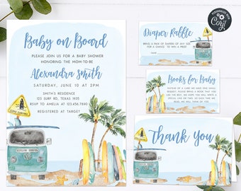 Conjunto de invitaciones editables para baby shower de bebé a bordo, paquete de invitación para baby shower de surf, invitación para bebé en playa de verano, plantilla imprimible en el océano 0271