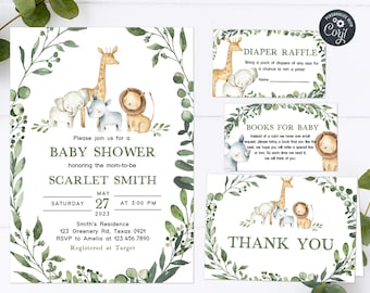 Può includere: Un invito a un baby shower a tema giungla. L'invito presenta un bordo di foglie verdi con una giraffa, un elefante, un rinoceronte e un leone. Il testo recita "Si prega di unirsi a noi per un Baby Shower in onore della futura mamma Scarlet Smith. Sabato 27 maggio alle 15:00. Residenza Smith, 123 Greenery Rd, Texas 0921. RSVP ad Amelia al 123.456.7890. Registrato presso Target."