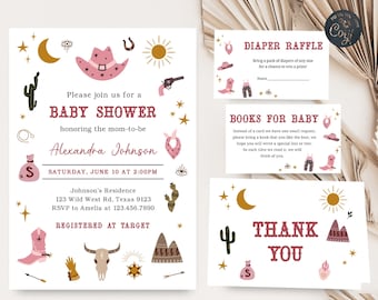 May include: A baby shower invitation suite with a western theme. The invitation features a pink cowboy hat, cactus, and other desert-inspired graphics. The text reads "Baby Shower" and includes details for the event. Additional cards include a diaper raffle and thank you card.