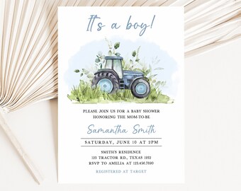 Editable Blue Tractor Baby Shower Invitation, Farm Baby Shower Invite, Ranch Baby Shower Invitation Template, Boy Country Invitation 0323