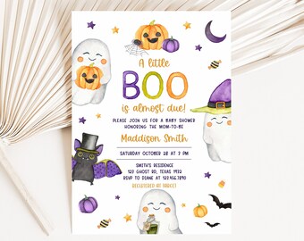編集可能な「A Little Boo」ベビーシャワー招待状、性別を問わないハロウィンベビーシャワー招待状、ハロウィンゴーストベビーシャワー招待状テンプレート 0451