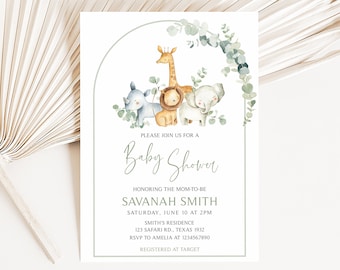 Editable Jungle Baby Shower Invitation, Safari Baby Shower Invite, Gender Neutral Greenery Jungle Animals Invitation Printable Template 0282
