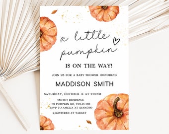 Editable Little Pumpkin Baby Shower Invitation, Fall Minimalist Baby Shower Invite, Gender Neutral Autumn Pumpkin Invitation Template 0427