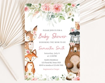 Editable Floral Woodland Baby Shower Invitation, Girl Woodland Baby Shower Invite, Pink Floral Woodland Animals Invitation, Baby Invite 0397