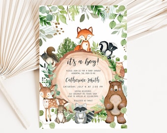 May include: It's a boy! Baby shower invitation with a woodland theme. The invitation features a variety of woodland animals, including a fox, a deer, a bear, a raccoon, a squirrel, a skunk, and an owl. The text on the invitation reads "It's a boy!" and includes the date, time, and location of the baby shower. The invitation is decorated with a green and brown watercolor background.