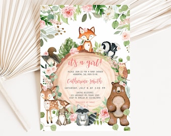 Editable Girl Woodland Baby Shower Invitation, Floral Forest Animals Baby Shower Invite, Rustic Floral Woodland Animals Invite Template 0403