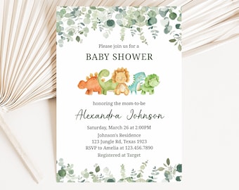 Edytowalne zaproszenie na baby shower z dinozaurem, zaproszenie na baby shower z dinozaurem, zaproszenie na baby shower z zielenią, neutralny pod względem płci, szablon do druku 0207
