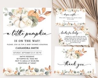 Editable Little Pumpkin Baby Shower Invitation Bundle, Autumn Fall Baby Shower Invite Pack, Rustic Floral Pumpkin Invitation Template 0424