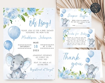 Editable Elephant Baby Shower Invitation Set Blue Balloon Baby Shower Invite Set Baby Boy Elephant Invitation Safari Printable Template 0231