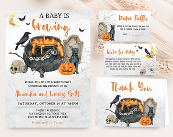 Editable A Baby is Brewing Halloween Baby Shower Invitation Bundle, Witch Baby Shower Invite Set, Gender Neutral Halloween Invite Pack 0436