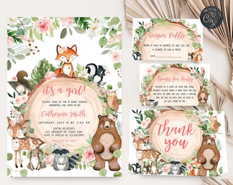 Editable Girl Woodland Baby Shower Invitation Bundle, Floral Forest Animals Baby Shower Invite Set, Rustic Floral Woodland Invitation 0403
