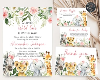 Ensemble modifiable d'invitations pour baby shower dans la jungle, lot d'invitations pour baby shower animaux de safari fille, invitation safari Wild One, petite fille florale 0185