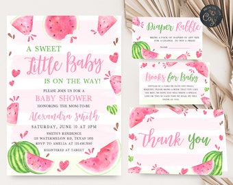 Editable Pink Watermelon Baby Shower Invitation Set A Sweet Little Baby Watermelon Girl Baby Shower Invite Pack Watermelon Party Invite 0266