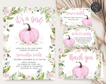 Paquete de invitación editable de baby shower de calabaza floral rosa, conjunto de invitación de baby shower de calabaza para niña, paquete de invitación de calabaza de otoño verde 0411