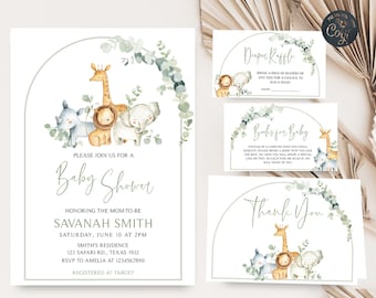 Editable Jungle Baby Shower Invitation Set, Safari Baby Shower Invite Pack Gender Neutral Jungle Animals Invitation Printable Template 0282