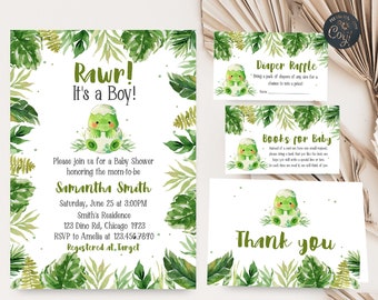 May include: A baby shower invitation with a green dinosaur illustration and the text "Rawr! It's a Boy!"  The invitation includes the name Samantha Smith, the date and time of the shower, the location, and RSVP information.  There are also two additional cards for a diaper raffle and a book request for the baby.