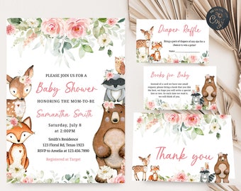 Editable Floral Woodland Baby Shower Invitation Bundle, Girl Woodland Baby Shower Invite Set, Pink Floral Woodland Animals Invitation 0397