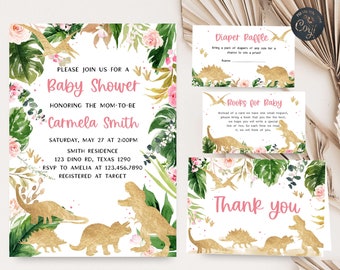 May include: A pink and gold baby shower invitation with a dinosaur theme. The invitation features a floral design with gold dinosaurs and the text "Please join us for a Baby Shower honoring the mom-to-be Carmela Smith".