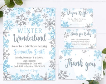 Editable Winter Wonderland Baby Shower Invitation Set, Blue Snowflake Baby Shower Invite Set, A Little Snowflake Invitation Template 0155