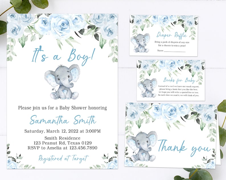 Editable Boy Elephant Baby Shower Invitation Set Blue Floral Baby Shower Invitation Blue Elephant Baby Shower Printable
