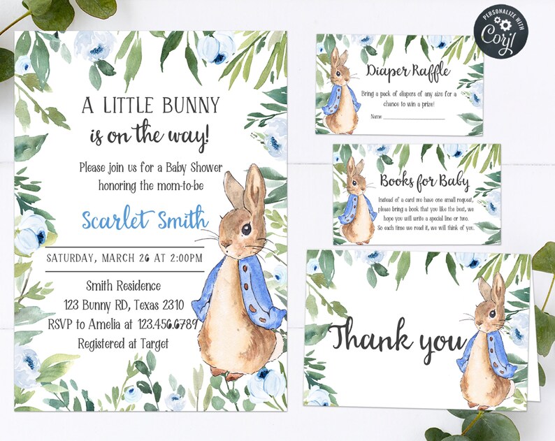 Editable Peter Rabbit Baby Shower Invitation Set Blue Peter Rabbit Baby Shower Invite Boy Baby Shower Rustic Greenery Bunny