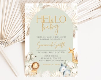 Editable Boho Safari Baby Shower Invitation, Safari Jungle Baby Shower Invite, Hello Baby Boho Jungle Animals Invitation Template 0393