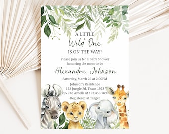 Editable Jungle Baby Shower Invitation, Safari Animals Baby Shower Invite, Wild One Safari Invitation, Greenery Gender Neutral Baby 0179