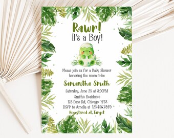 Edytowalne zaproszenie na dinozaura, zaproszenie na baby shower z dinozaurem, baby shower dla chłopca, motyw dinozaura dla dziecka, szablon do druku dżungli do natychmiastowego pobrania 0177