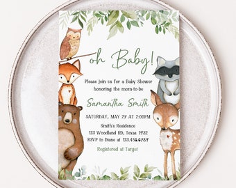 Editable Woodland Baby Shower Invitation, Greenery Woodland Animals Baby Shower Invite, Gender Neutral Forest Animals Invite Template 0322