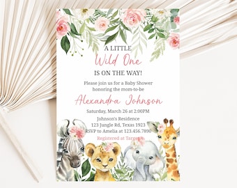 May include: A baby shower invitation with a floral design and a watercolor illustration of a zebra, lion, elephant, and giraffe. The text reads "A Little Wild One Is On The Way!" and includes the name "Alexandra Johnson", the date and time of the shower, the location, and RSVP information.
